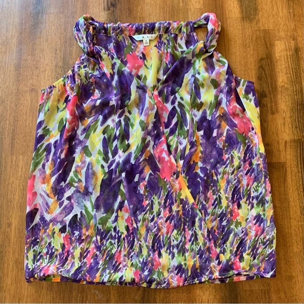 CAbi Halter style Top Small Watercolor Petals multi color Floral Semi sheer